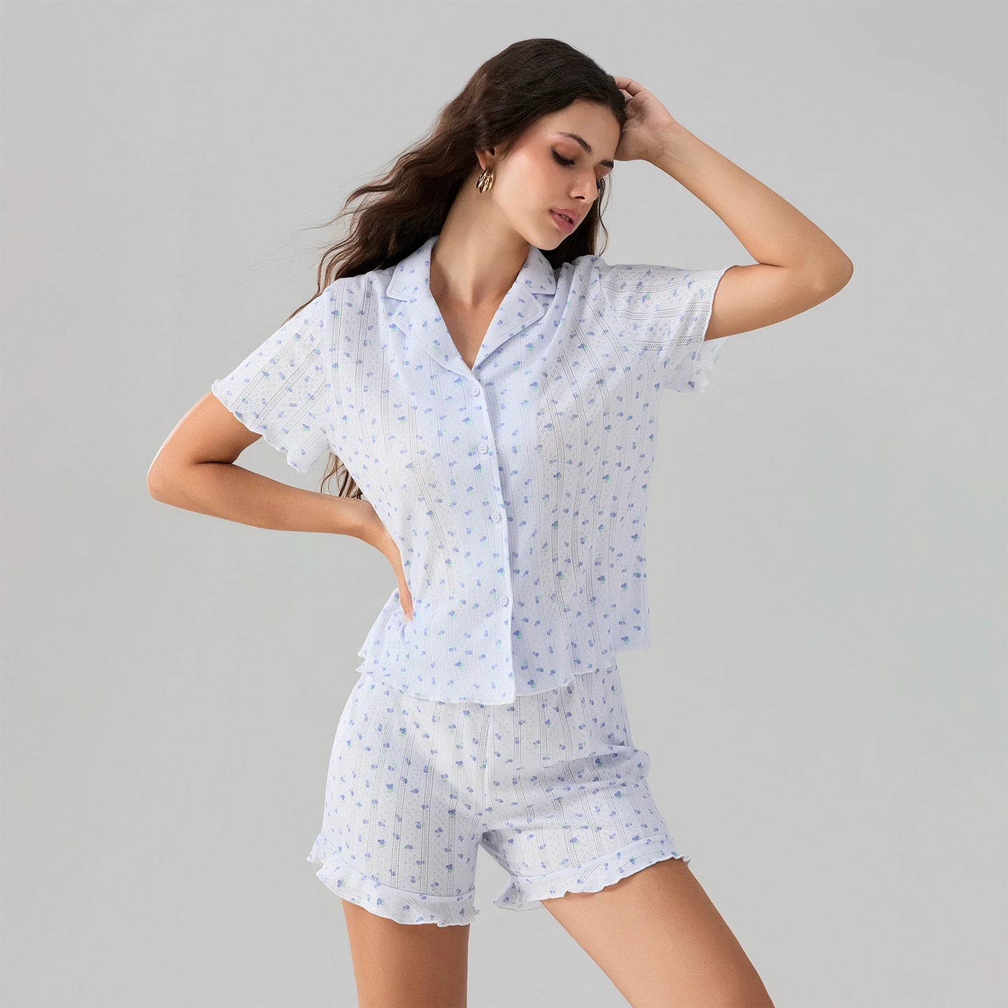 Women's Floral Pajama Set: Short Sleeve Top & Ruffled Hem Shorts