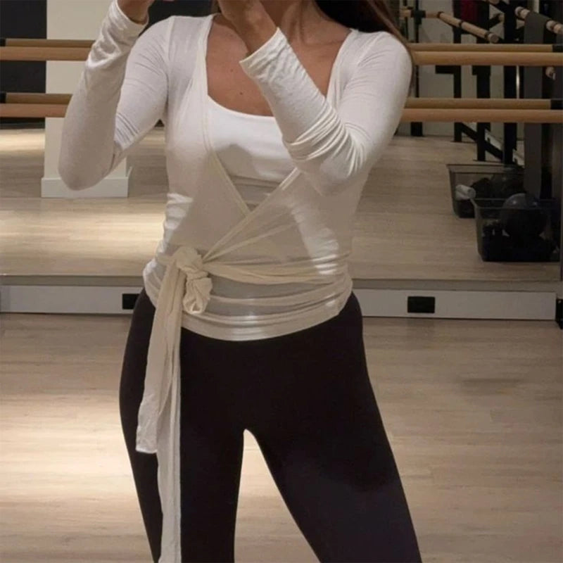 Women's Long Sleeve Crop Top, Deep V Neck, Cross Wrap, Yoga/Workout Shirt