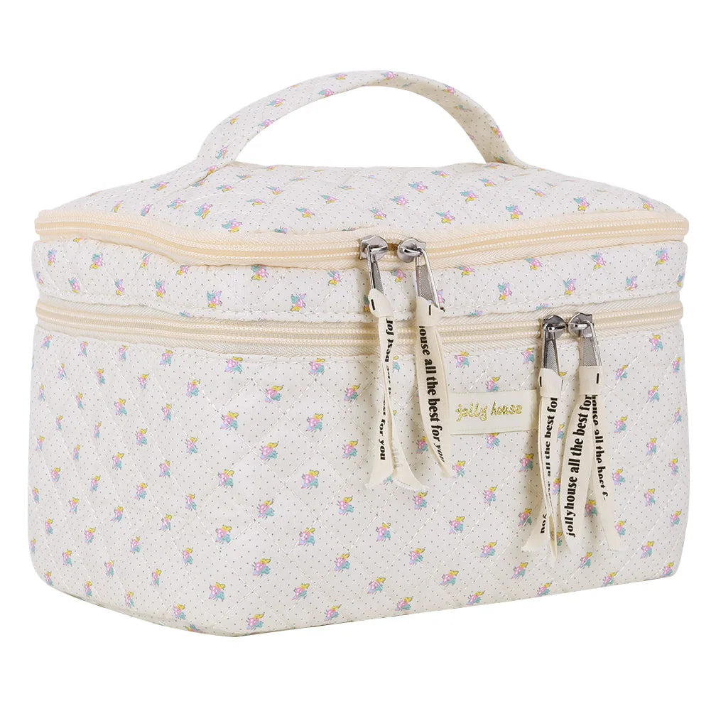Quilted Cotton Makeup Bag - Large Floral Cosmetic & Toiletry Organizer