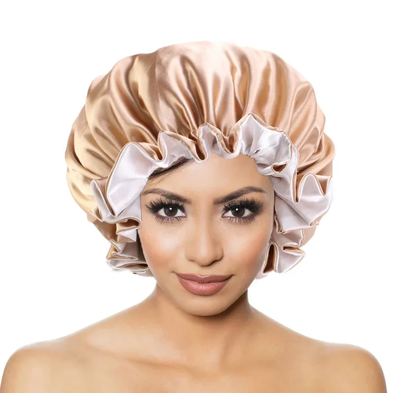 Satin Bonnet Sleeping Cap Double Color Ding Big Lace Nightcap