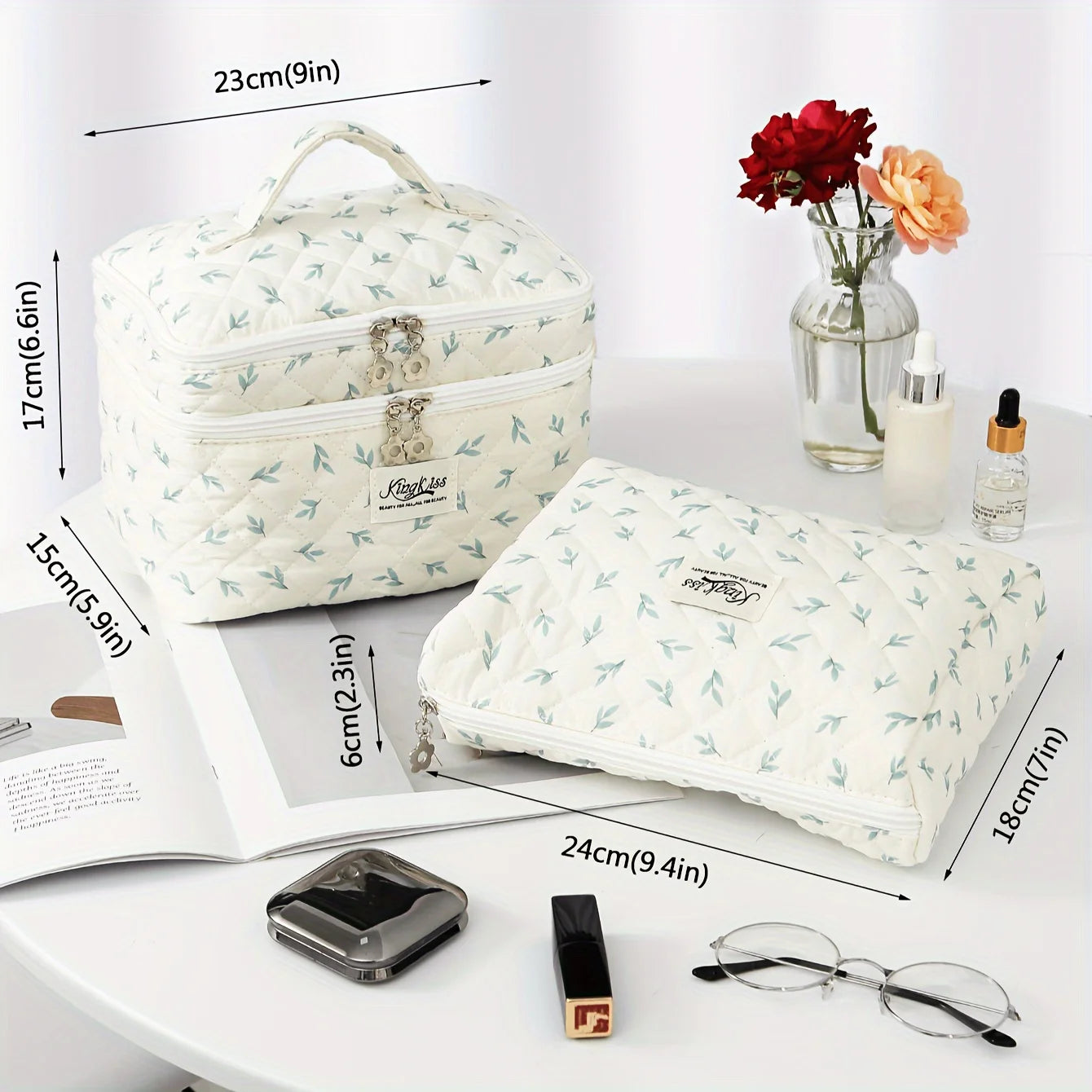 2Pcs Double-Layer Quilted Makeup Bag - Floral Pattern Cotton Cosmetic Bag, Portable Multifunctional Beauty Organizer