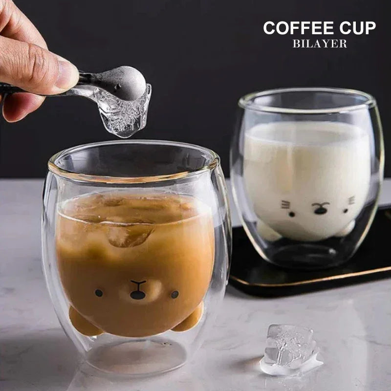 Cute Animal Glass Coffee Mug - Double Layer, Insulated