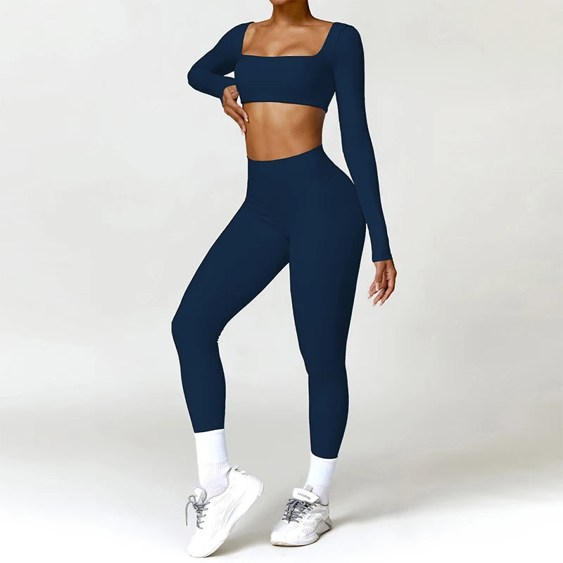 Long Sleeve Running Set, Women's Sportswear, Gym Crop Top & Leggings, Quick-Dry