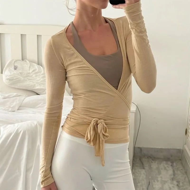 Women's Long Sleeve Crop Top, Deep V Neck, Cross Wrap, Yoga/Workout Shirt