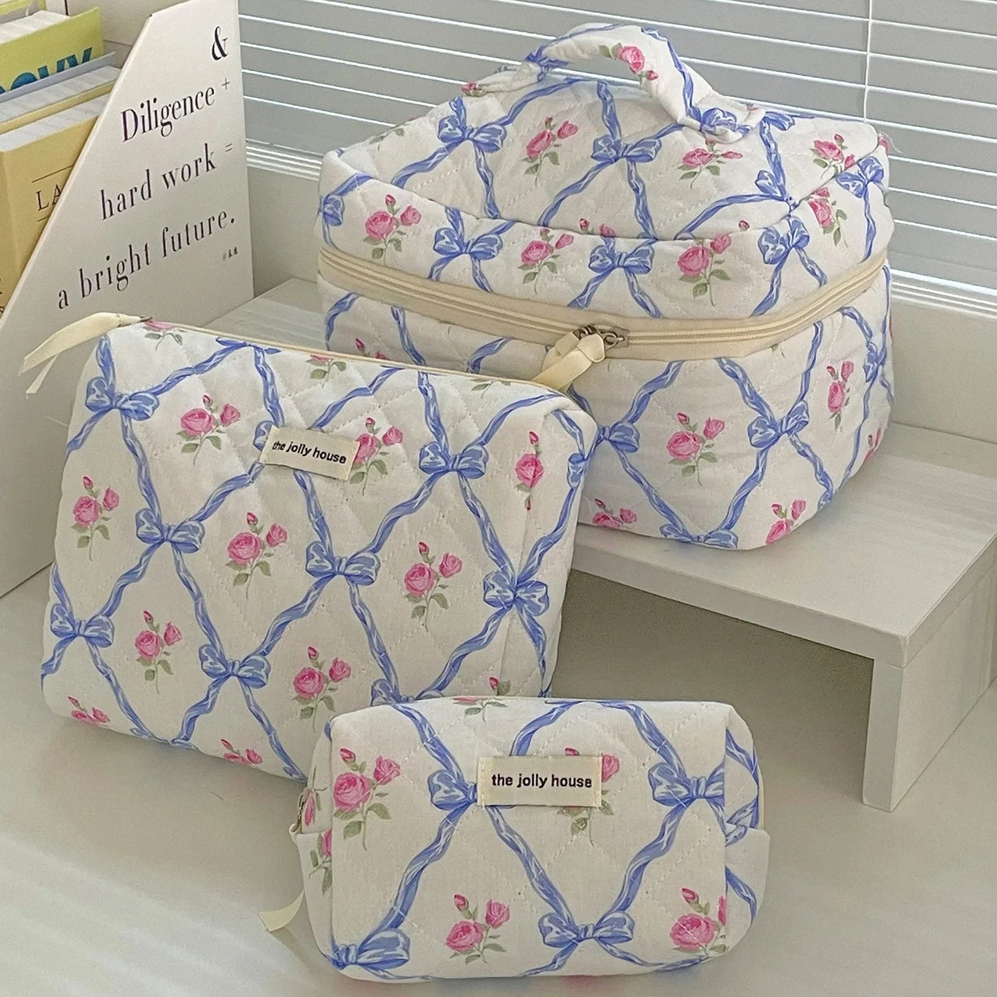 Cute Bow Flower Quilted Makeup Bag/Cosmetic Organizer