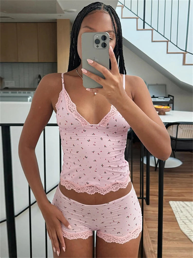 Lace Trim Tank Top & Shorts Set - Floral Print Lingerie Set