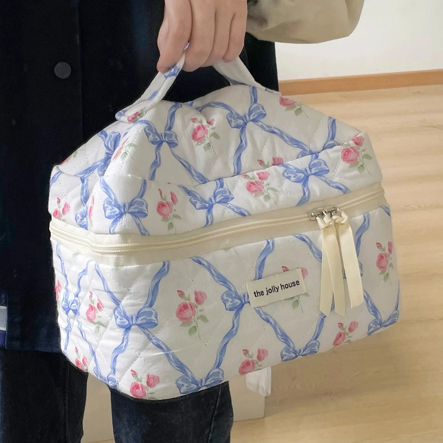 Cute Bow Flower Quilted Makeup Bag/Cosmetic Organizer
