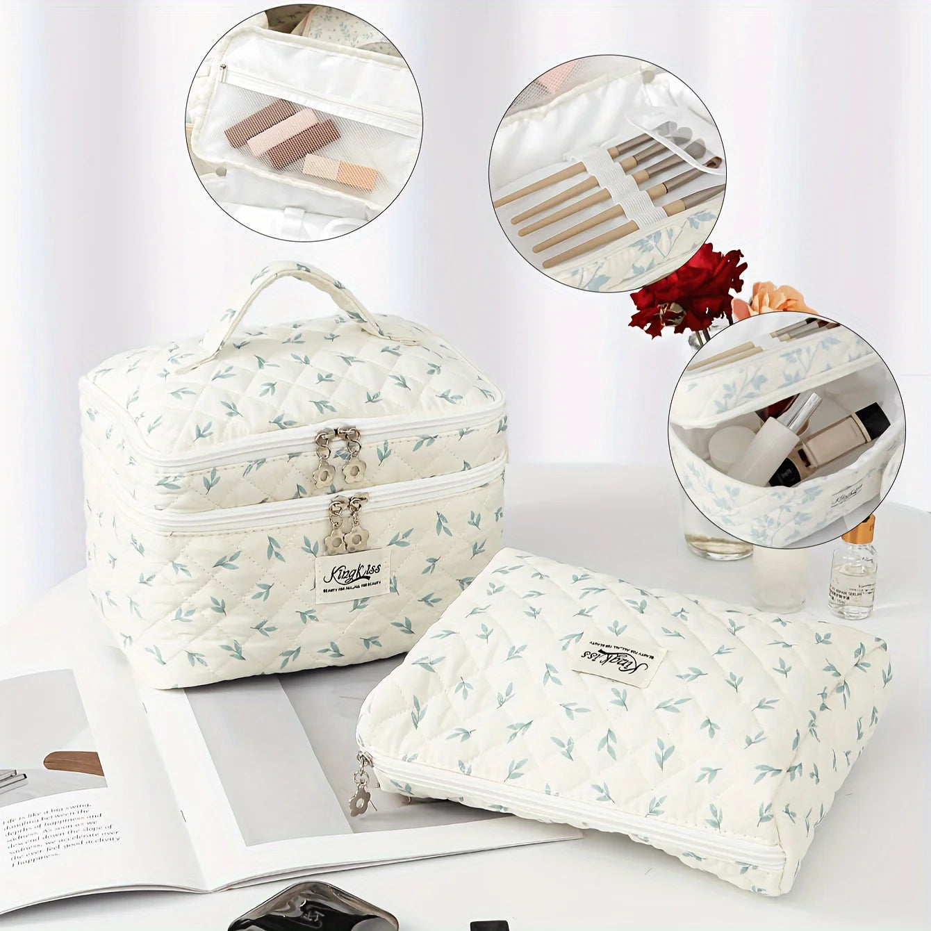 2Pcs Double-Layer Quilted Makeup Bag - Floral Pattern Cotton Cosmetic Bag, Portable Multifunctional Beauty Organizer
