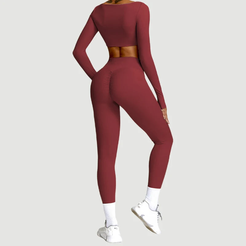 Long Sleeve Running Set, Women's Sportswear, Gym Crop Top & Leggings, Quick-Dry