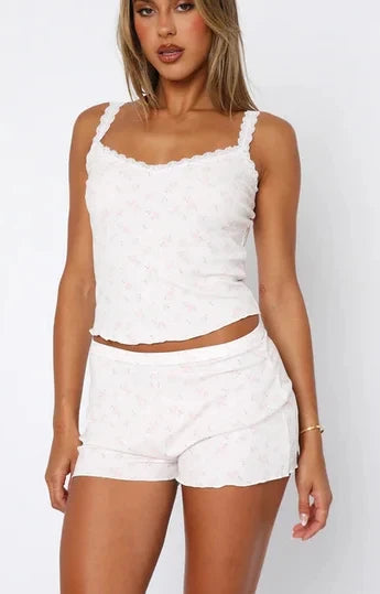 Women's 2 Piece Pajama Set Sleeveless Lace Trim Cami Tops Floral Shorts Sleepwear Outfits 2024