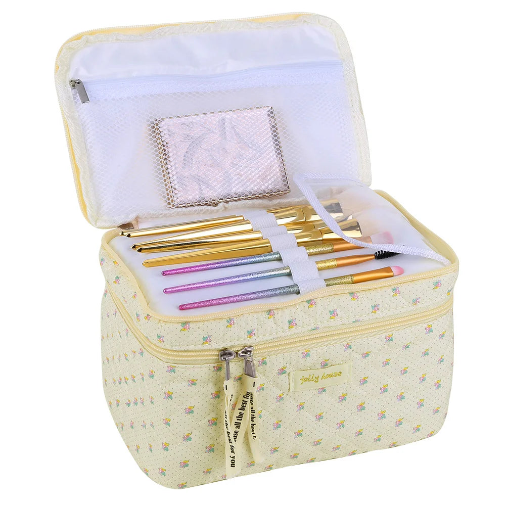 Quilted Cotton Makeup Bag - Large Floral Cosmetic & Toiletry Organizer