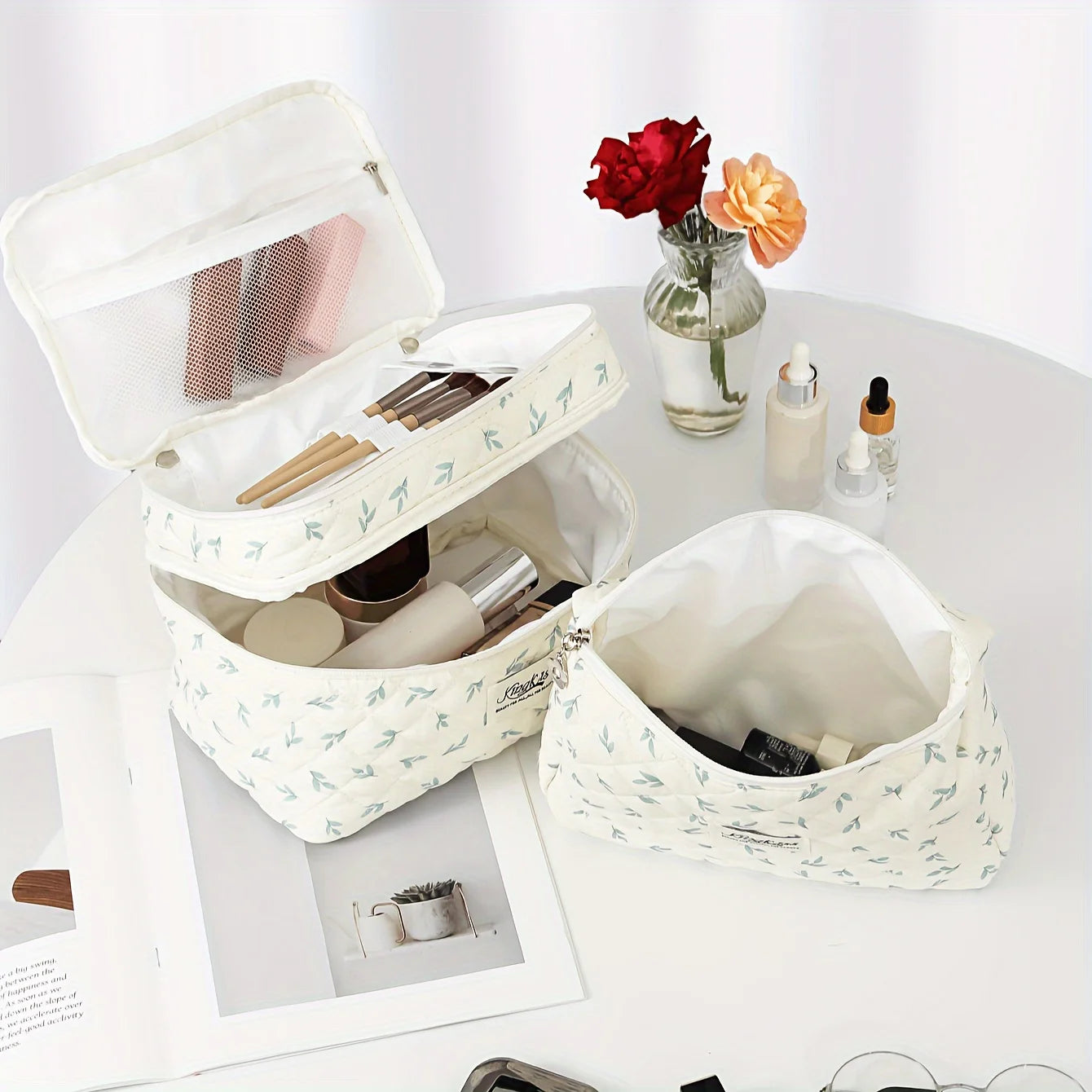 2Pcs Double-Layer Quilted Makeup Bag - Floral Pattern Cotton Cosmetic Bag, Portable Multifunctional Beauty Organizer