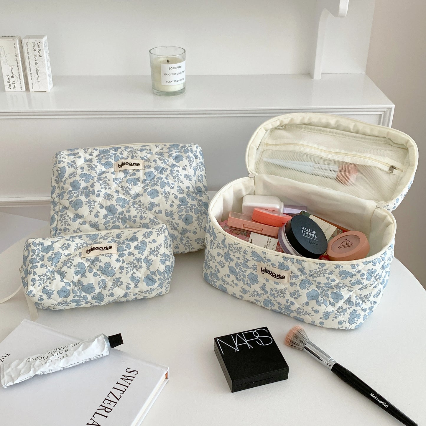 3-Piece Cotton Floral Cosmetic Bag Set