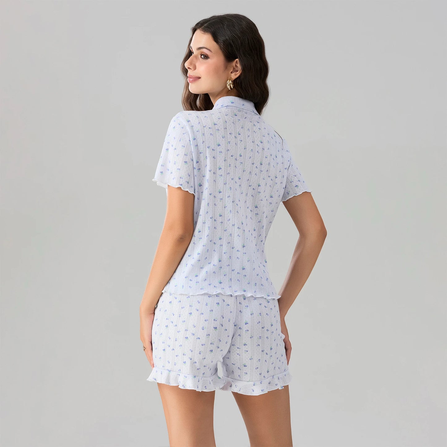 Women's Floral Pajama Set: Short Sleeve Top & Ruffled Hem Shorts