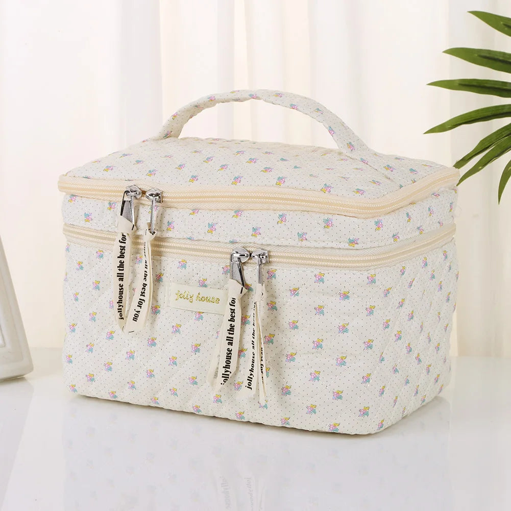 Quilted Cotton Makeup Bag - Large Floral Cosmetic & Toiletry Organizer