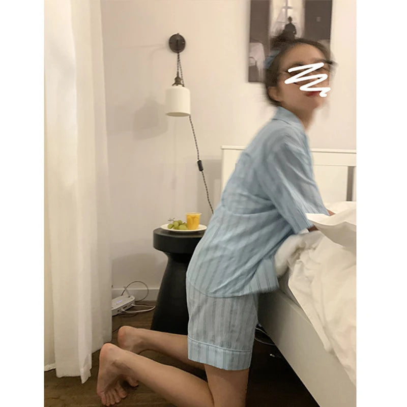 Women's Summer Pajama Set: Short Sleeve Top & Shorts (Korean Style)
