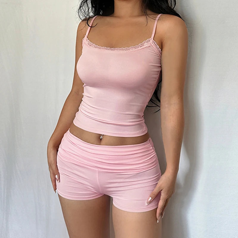 HEYounGIRL Women's Y2K Summer Two-Piece Set: Lace Trim Tank Top & Mini Shorts