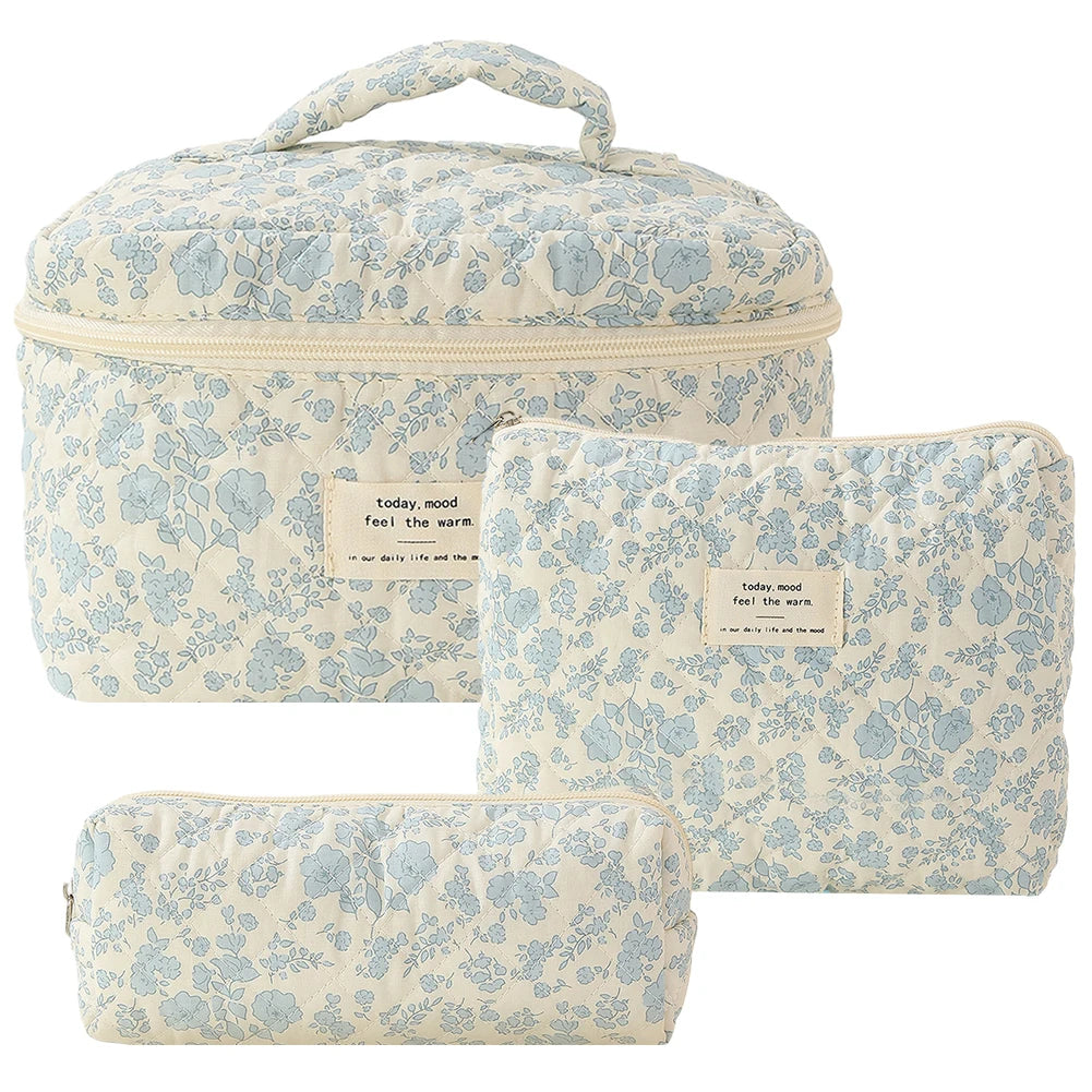 3pc floral quilted cosmetic bag set