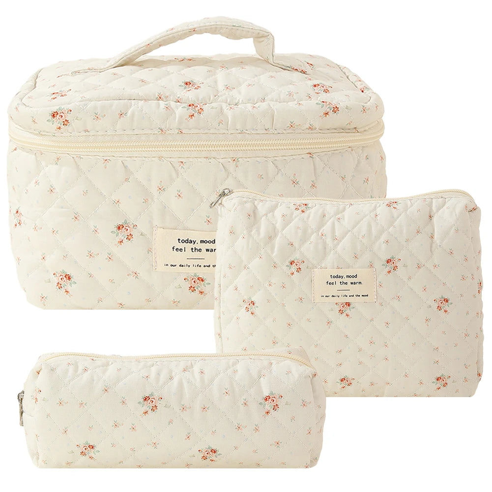3pc floral quilted cosmetic bag set