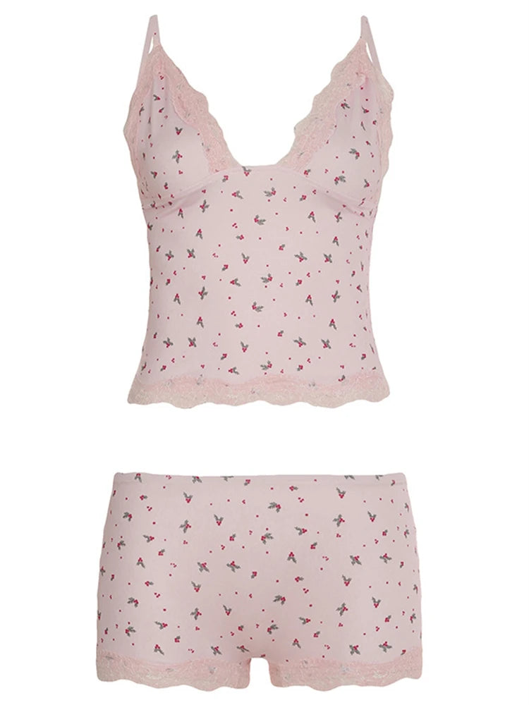Lace Trim Tank Top & Shorts Set - Floral Print Lingerie Set