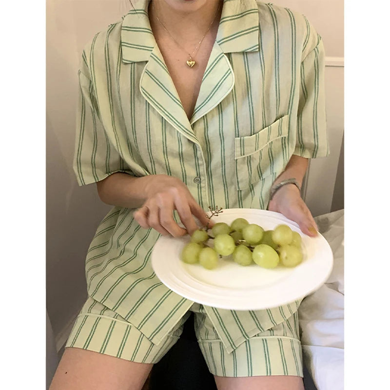 Women's Summer Pajama Set: Short Sleeve Top & Shorts (Korean Style)