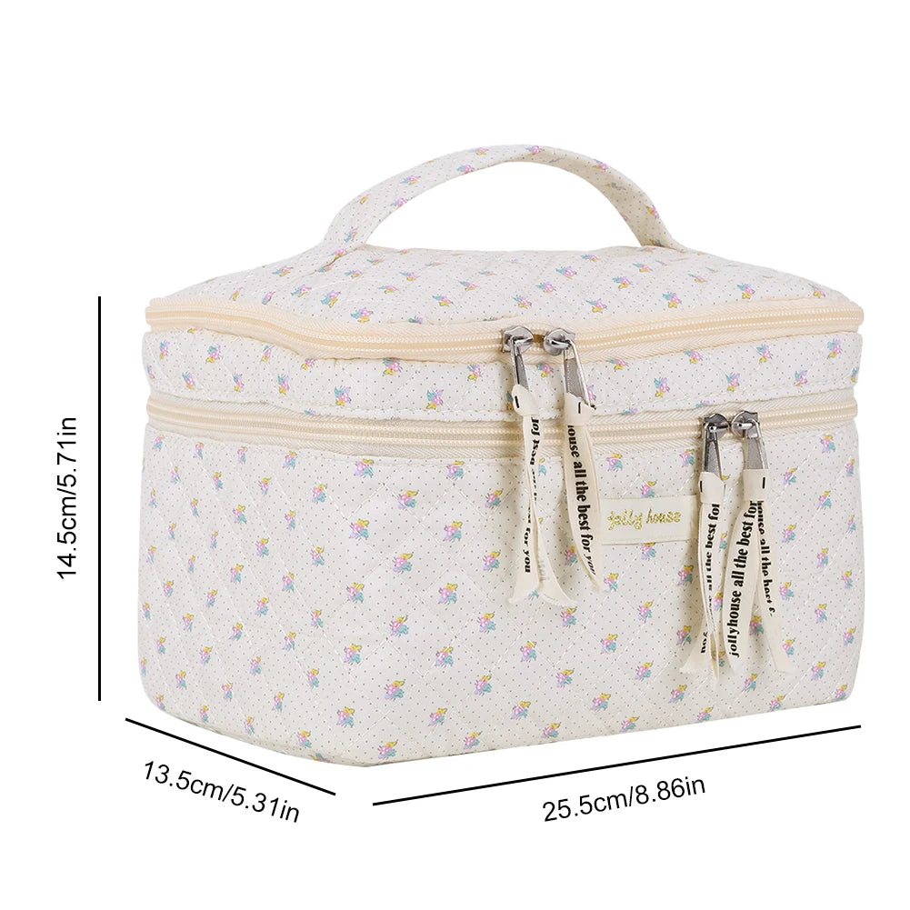 Quilted Cotton Makeup Bag - Large Floral Cosmetic & Toiletry Organizer