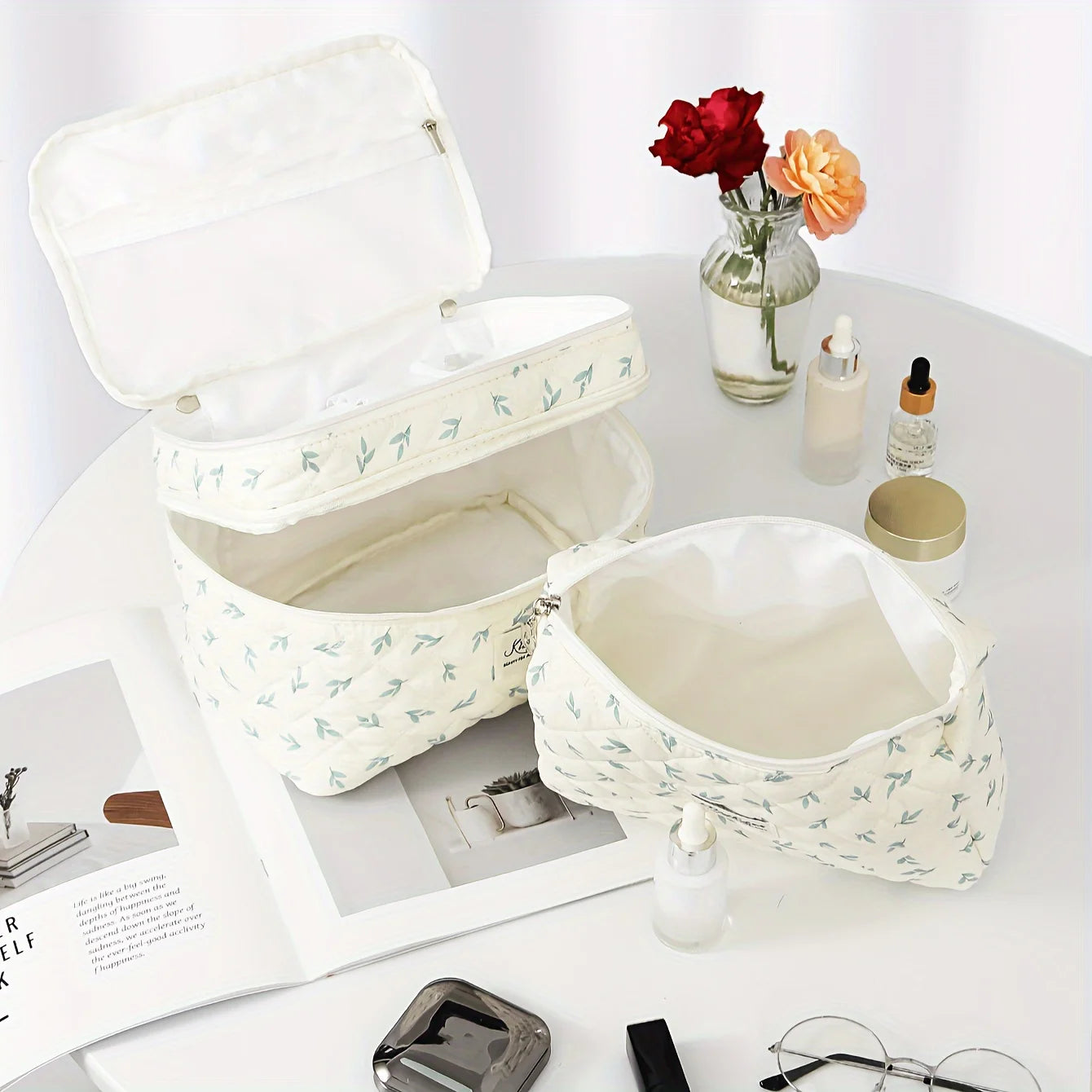 2Pcs Double-Layer Quilted Makeup Bag - Floral Pattern Cotton Cosmetic Bag, Portable Multifunctional Beauty Organizer