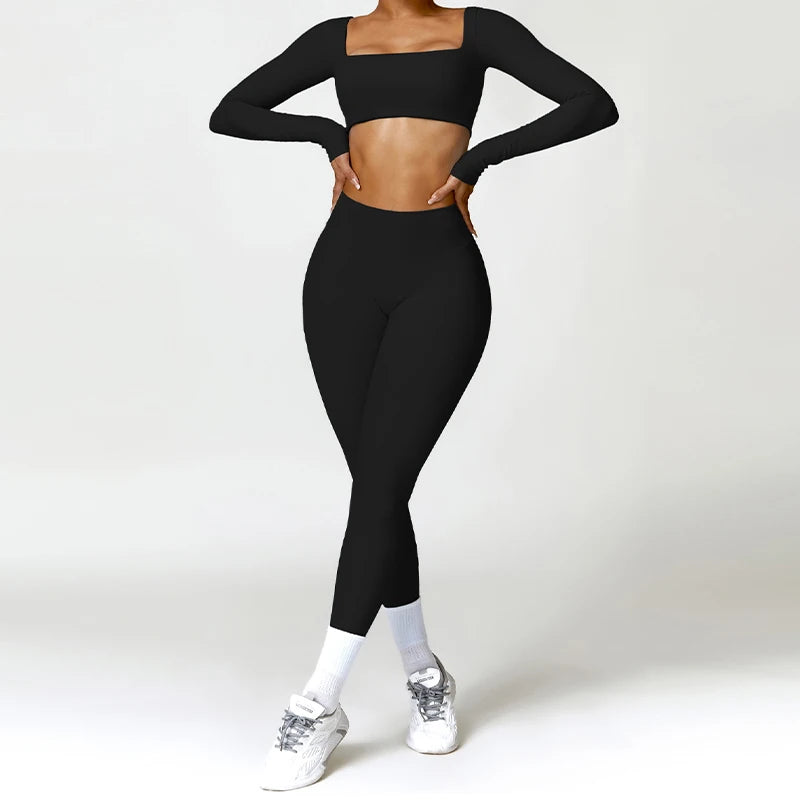 Long Sleeve Running Set, Women's Sportswear, Gym Crop Top & Leggings, Quick-Dry