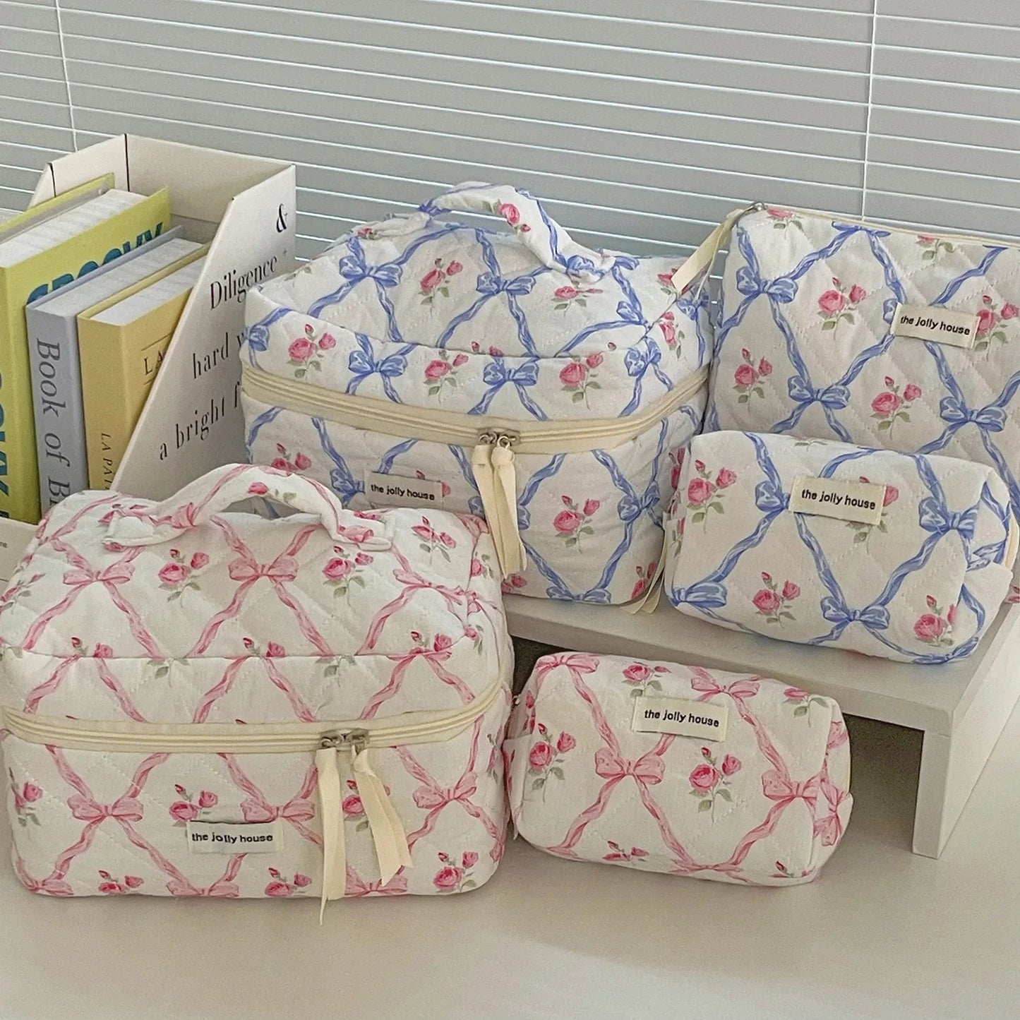 Cute Bow Flower Quilted Makeup Bag/Cosmetic Organizer