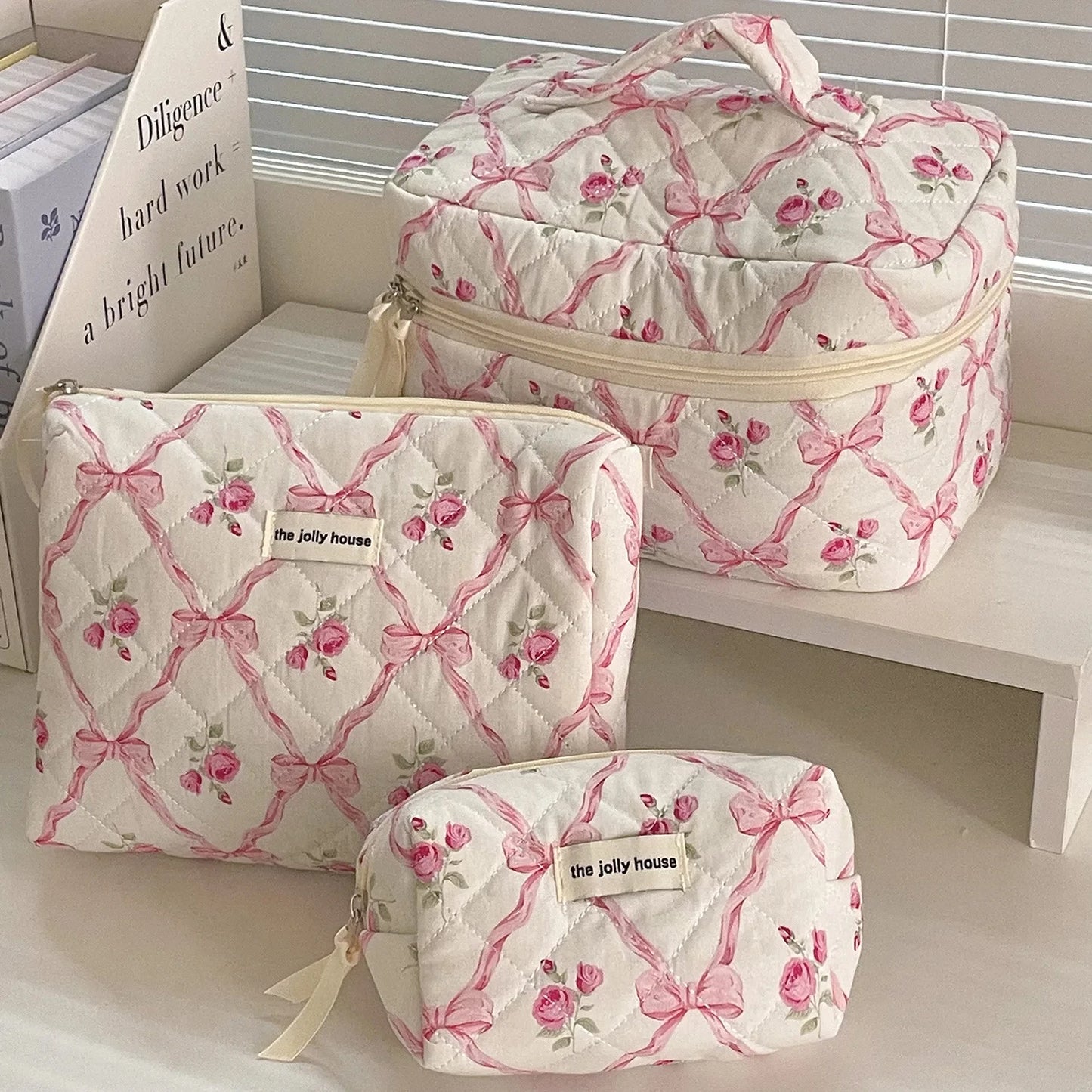 Cute Bow Flower Quilted Makeup Bag/Cosmetic Organizer