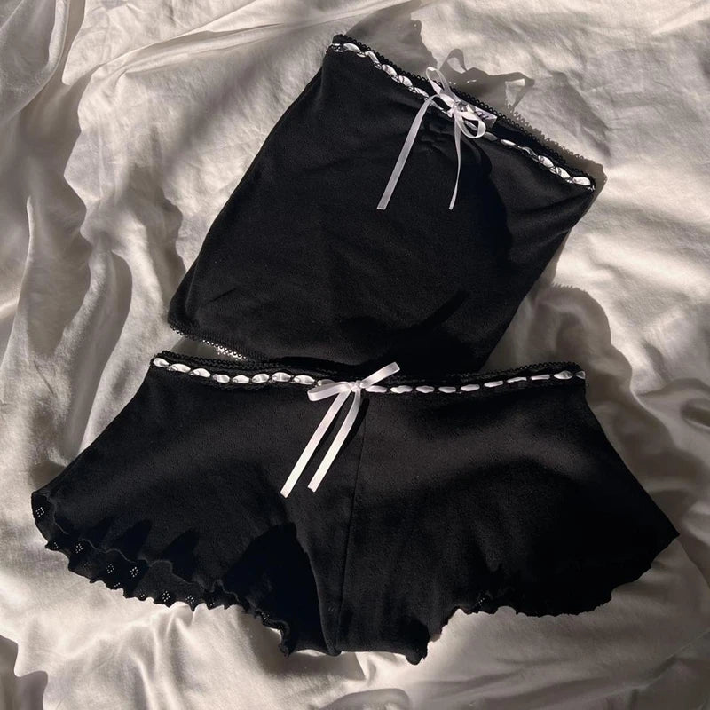 Maemukilabe Y2K Fairy Coquette Set: Ribbon Bow Lace Trim Tube Top & Shorts