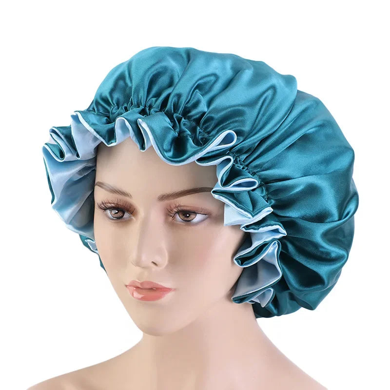 Satin Bonnet Sleeping Cap Double Color Ding Big Lace Nightcap