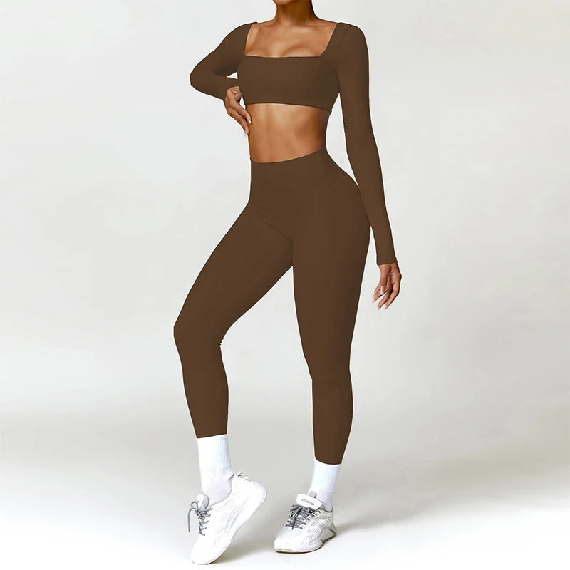 Long Sleeve Running Set, Women's Sportswear, Gym Crop Top & Leggings, Quick-Dry