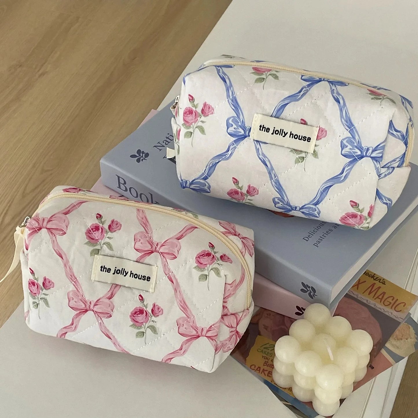Cute Bow Flower Quilted Makeup Bag/Cosmetic Organizer