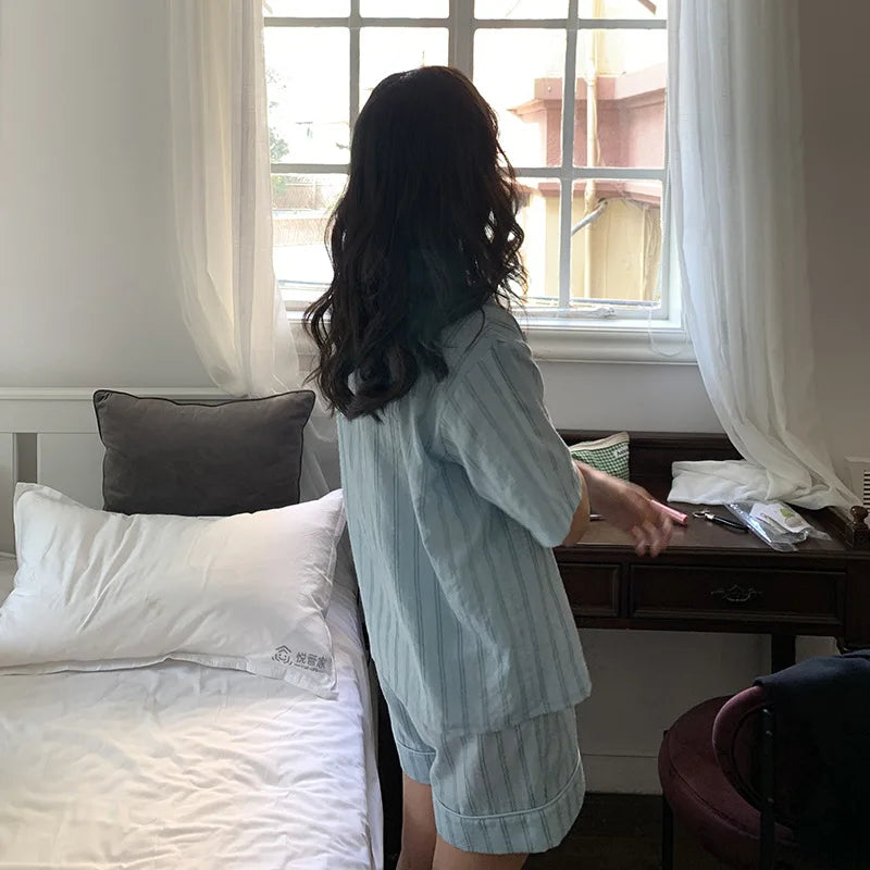Women's Summer Pajama Set: Short Sleeve Top & Shorts (Korean Style)