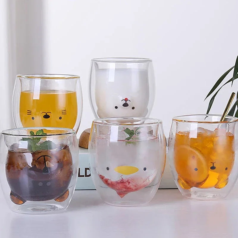 Cute Animal Glass Coffee Mug - Double Layer, Insulated