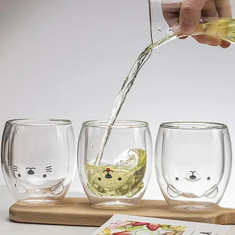 Cute Animal Glass Coffee Mug - Double Layer, Insulated