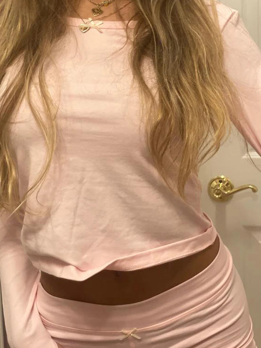 Pink Long Sleeve Crop Top Shorts Set