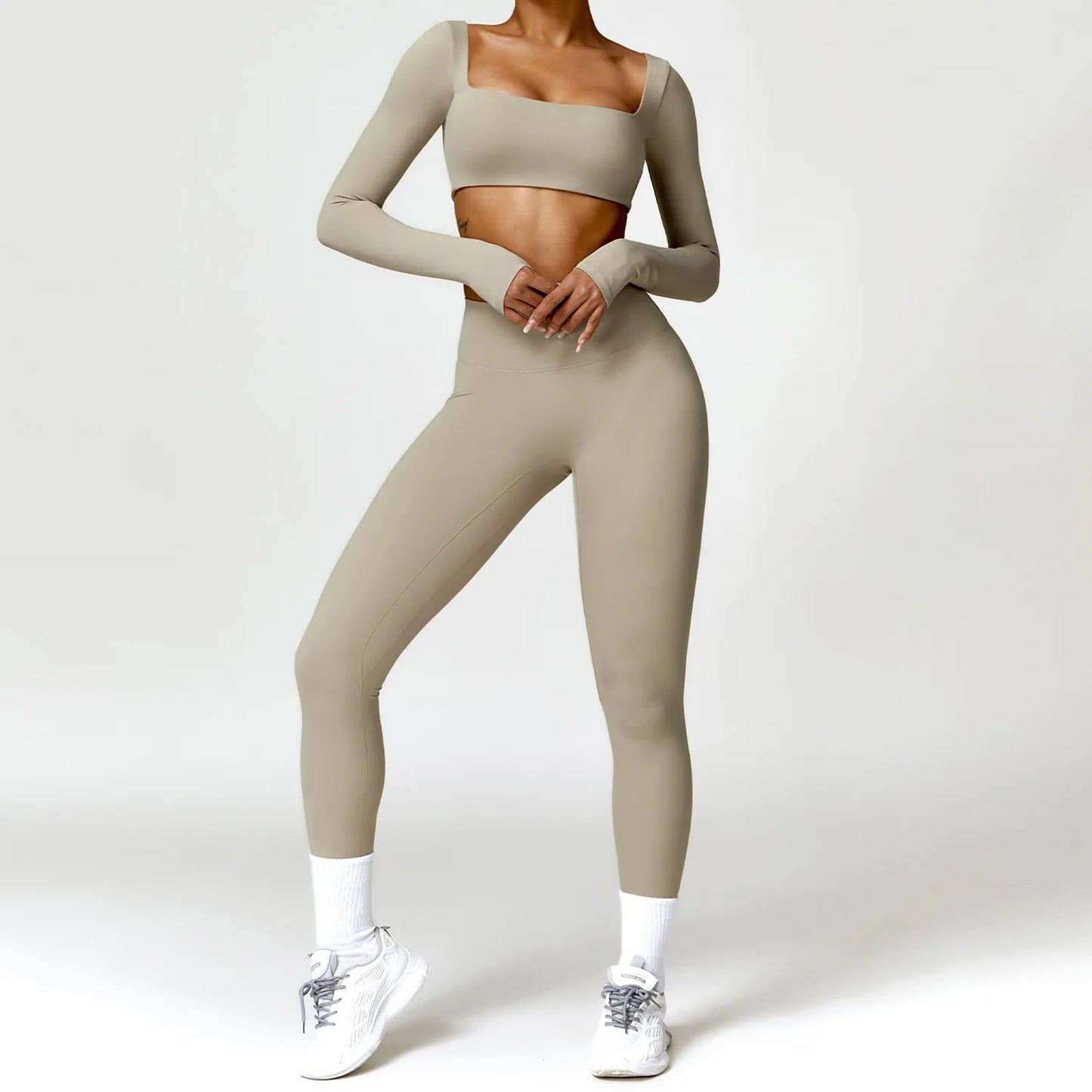 Long Sleeve Running Set, Women's Sportswear, Gym Crop Top & Leggings, Quick-Dry