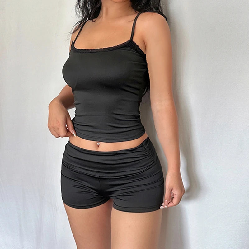 HEYounGIRL Women's Y2K Summer Two-Piece Set: Lace Trim Tank Top & Mini Shorts