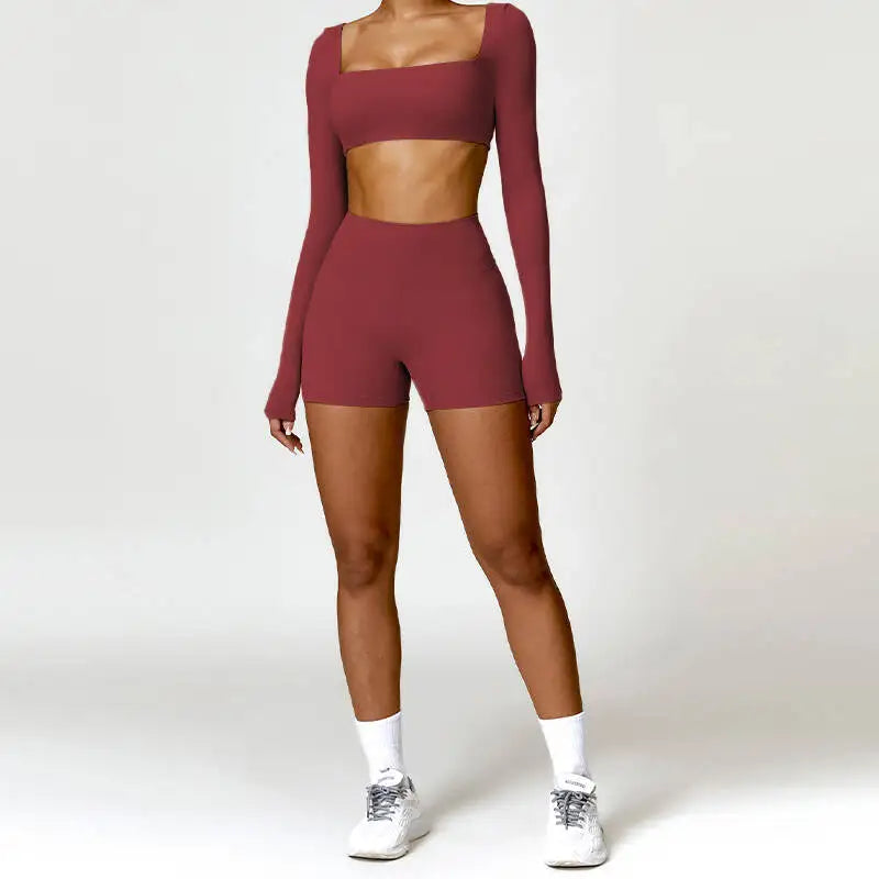 Long Sleeve Running Set, Women's Sportswear, Gym Crop Top & Leggings, Quick-Dry