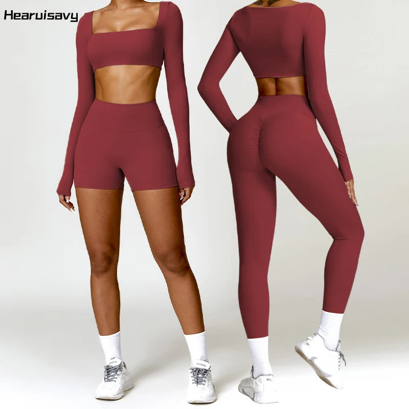 Long Sleeve Running Set, Women's Sportswear, Gym Crop Top & Leggings, Quick-Dry