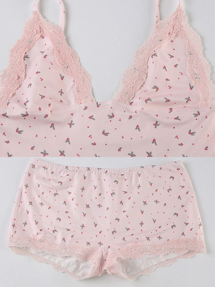 Lace Trim Tank Top & Shorts Set - Floral Print Lingerie Set