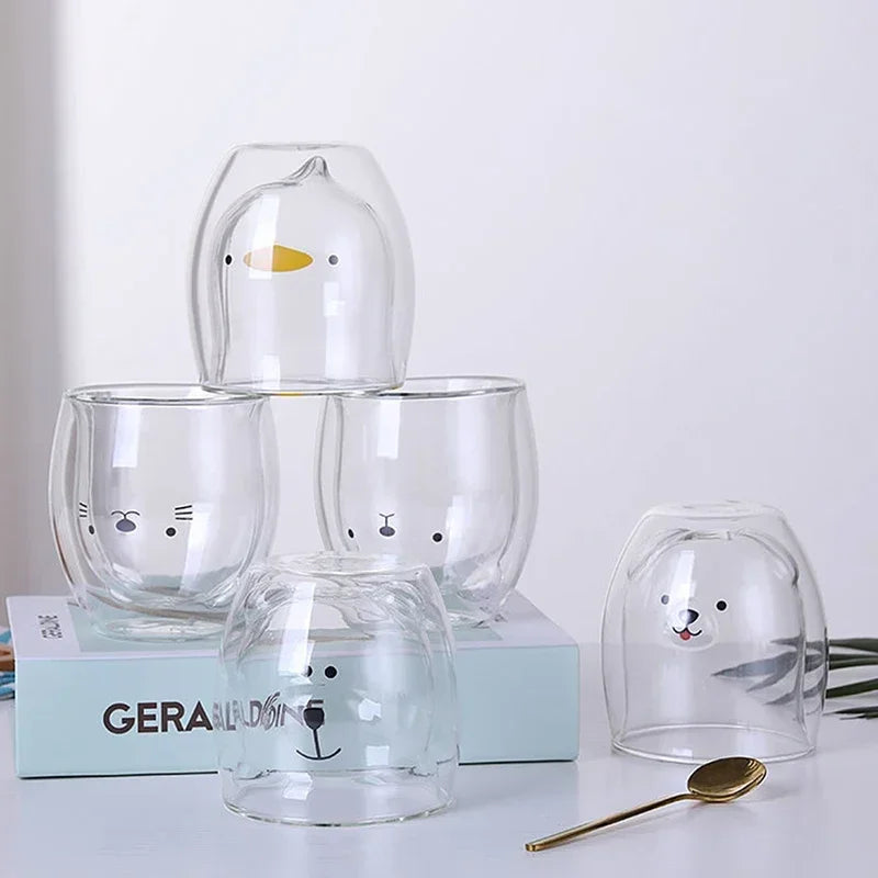 Cute Animal Glass Coffee Mug - Double Layer, Insulated
