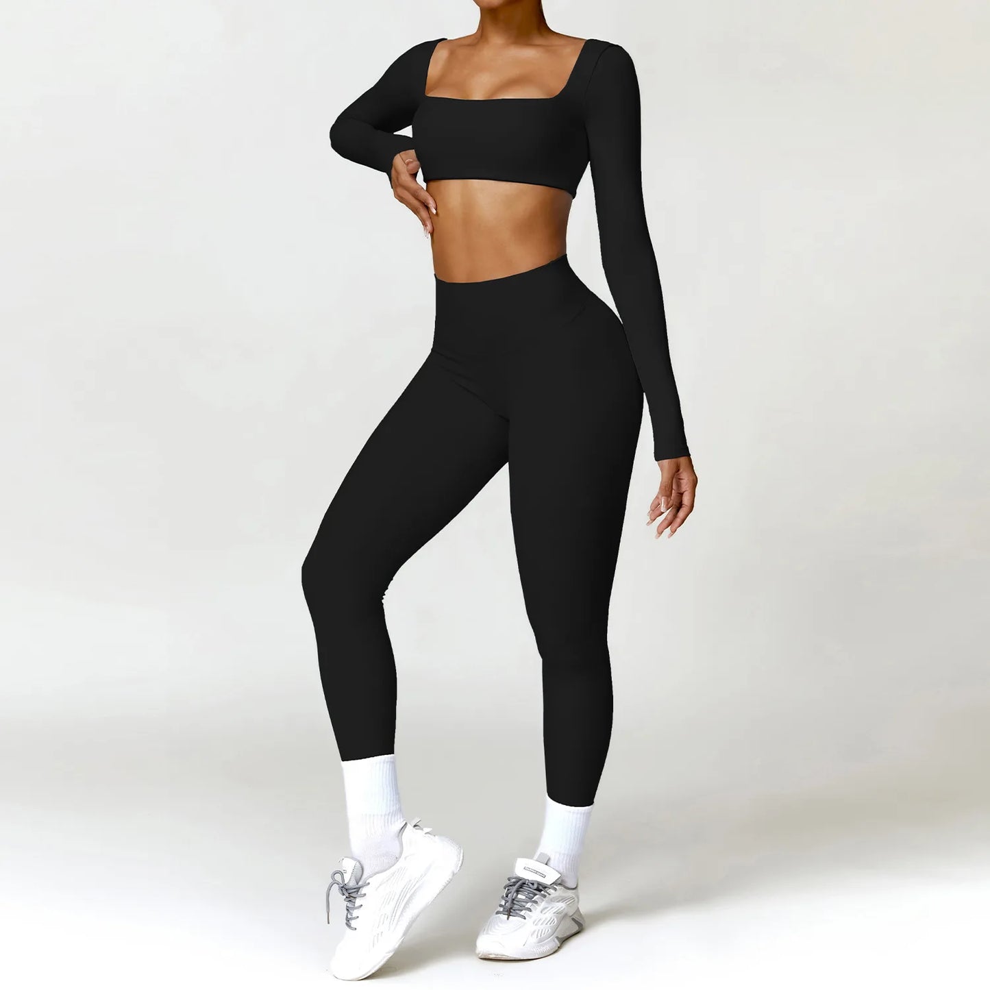 Long Sleeve Running Set, Women's Sportswear, Gym Crop Top & Leggings, Quick-Dry
