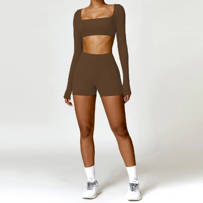 Long Sleeve Running Set, Women's Sportswear, Gym Crop Top & Leggings, Quick-Dry
