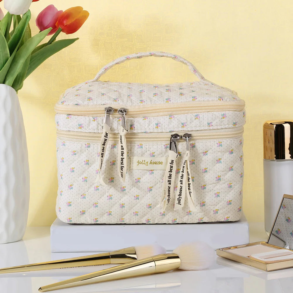 Quilted Cotton Makeup Bag - Large Floral Cosmetic & Toiletry Organizer