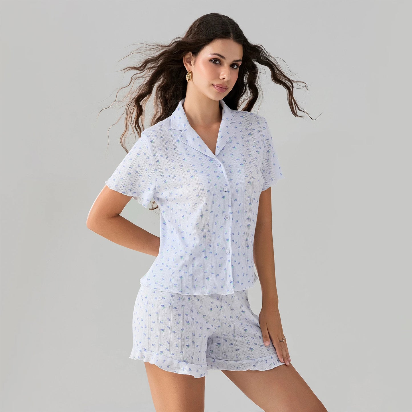 Women's Floral Pajama Set: Short Sleeve Top & Ruffled Hem Shorts
