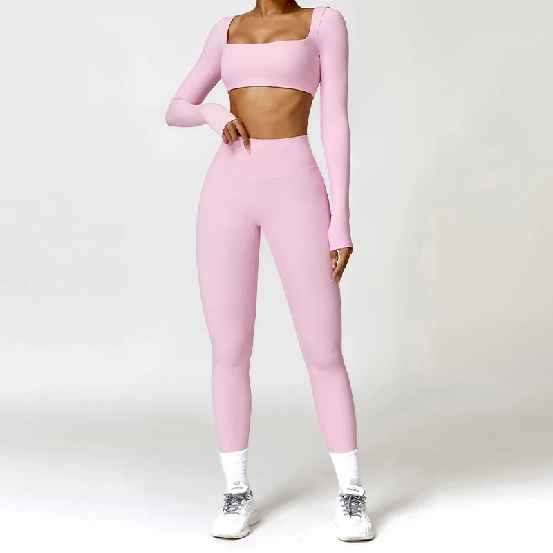 Long Sleeve Running Set, Women's Sportswear, Gym Crop Top & Leggings, Quick-Dry