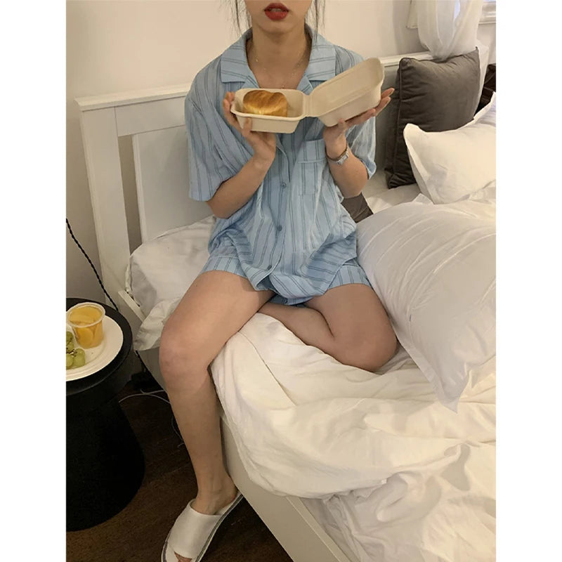Women's Summer Pajama Set: Short Sleeve Top & Shorts (Korean Style)